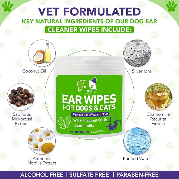 Ear Cleaner Wipes for Dogs and Cats - Dog Ear Wipes for Dirty, Waxy, Smelly Ears - Sooths & Deodorizes, Itchy Ear Relief - 100 Count Finger Wipes (2 Packs)