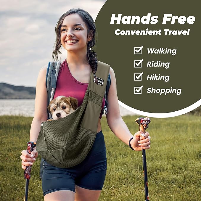 Dog Carrier Sling, Hand-Free Dog Sling Carrier for Small Dogs and Cats，Travel Safety Puppy Bag (ArmyGreen)