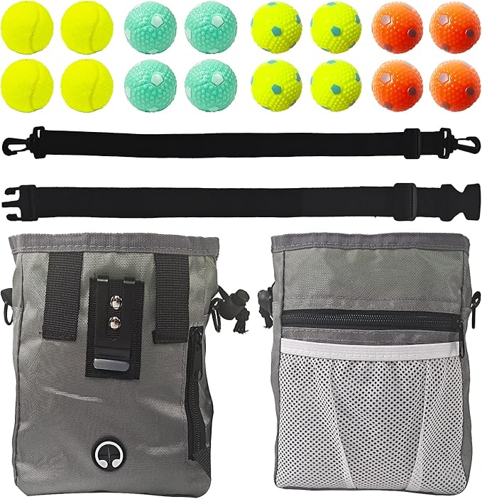 BESTHLS Small Dog Toy Ball & Dog Treat Pouch for Training for Puppy Small Medium Pet Dogs Include 16pcs Soft Tennis Rubber Balls and Multiple Pockets Treating Bag