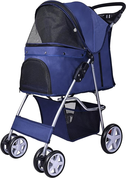 Pet Stroller, 4 Wheels Multifunction Dog Cat Stroller, Folding Portable Travel Stroller with Detachable Carrier, Suitable for Medium Small Dogs Cats, Blue