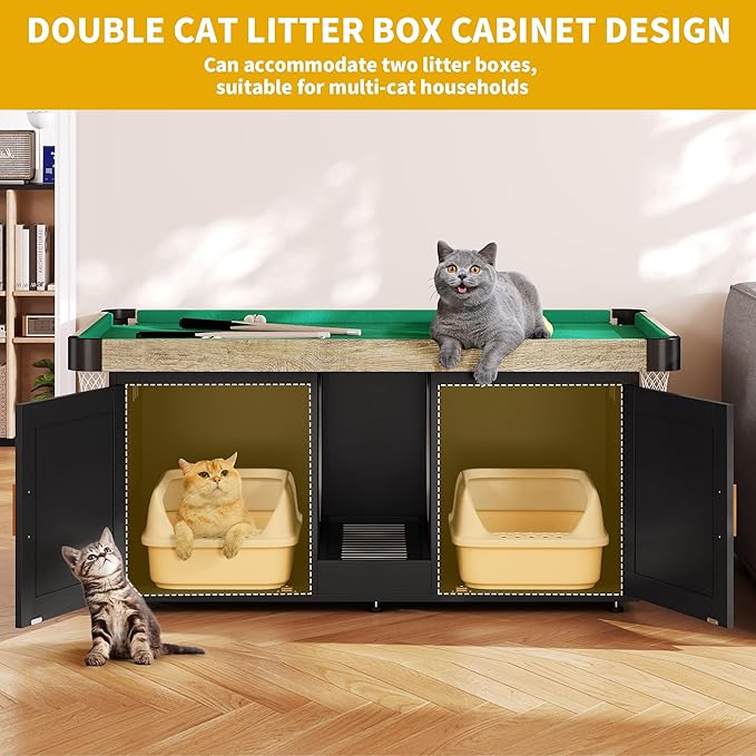 DWVO Cat Litter Box Enclosure for 2 Cats, Litter Box Enclosure Furniture Hidden with Double Room, 2-in-1 Wooden Cat Cabinet with Mini Pool Table Tower, 2 Feather Teaser Sticks & 8 Felt Balls, Black