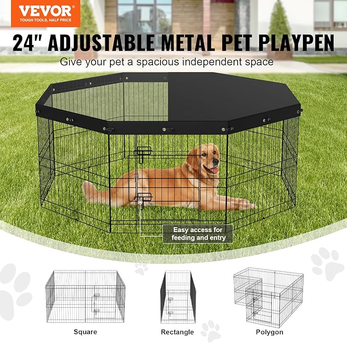 VEVOR Foldable Metal Dog Exercise Pen, Pet Puppy Playpen Yard Fence with Top Cover & Door, Indoor Outdoor 8 Panels 24" W x 24" H Dogs Crate Kennel with Ground Stakes for Small & Medium Dogs