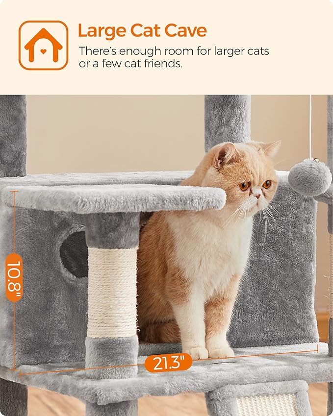 FEANDREA Cat Tree, Large Cat Tower, Cat Condo with Scratching Posts, Board, 2 Caves, 3 Plush Perches, Activity Center, 66.5 Inches, Light Gray UPCT019W01