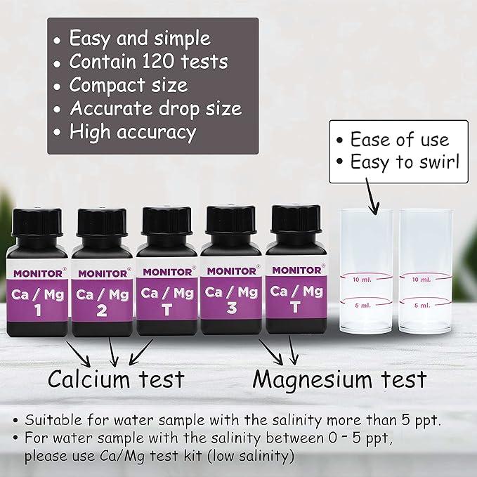 Monitor Calcium/Magnesium HIGH Salinity (Salinity > 5 PPT) Test KIT (120 Tests) - Monitor Aquarium and aquaculture Water Quality