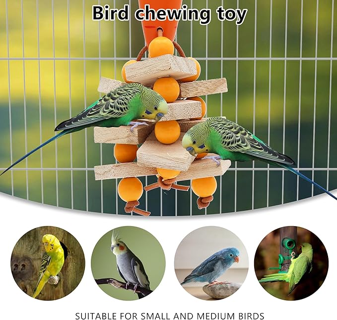 Bird Parrot Toys with Wood Blocks Beads and Colorful Ball, Hanging Parrots Cage Chewing Cascade Bite Toy for Small Medium Birds (Carrot Style-1p)