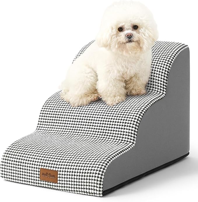 Dog Stairs for Couch or Low Bed, Small Dogs Ramp with Leakproof Cover, Foam Pet Steps for Cat and Sofa, Lightweight, Non-Slip, Durable, Comfort, 15.7x22.4x15.7in, White-Black, 3 Tiers