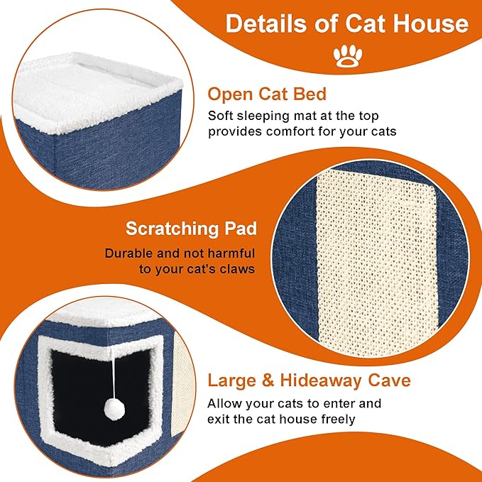 Cat Houses for Indoor Cats - Large Cat Bed Cave for Cat House with Scratch Pad and Fluffy Ball, Foldable Cat Hideaway with Reversible Cushion Cat Condo for Multi Small Pet, Navy Blue