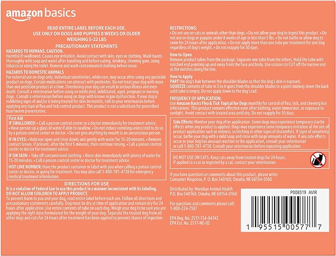 Amazon Basics Flea and Tick Topical Treatment for Small Dogs (5-22 pounds), 3 Count (Previously Solimo)