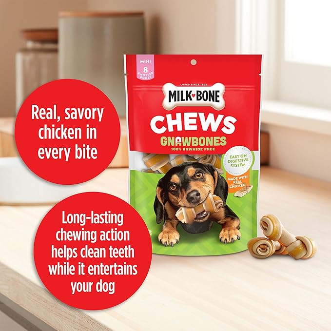 Milk-Bone Chews GnawBones Rawhide Free Dog Treats, Chicken, 16 Long Lasting Mini Knotted Bones