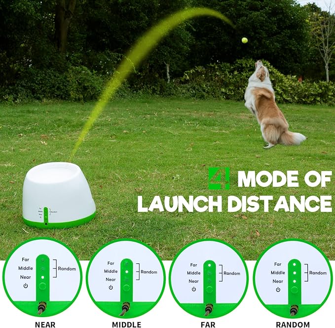 Automatic Ball Launcher, Adjustable Launch Distance, Including 6 2-inch Small Sized Tennis Balls, Suitable for Small to Medium Sized Dogs (Green)