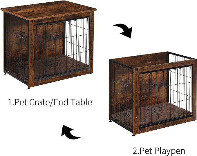 DWANTON Dog Crate Furniture with Cushion, Wooden Dog Crate Table, Double Doors Dog Furniture, Indoor Dog Kennel, Dog House, Dog Cage Medium, 32.5" L, Rustic Brown