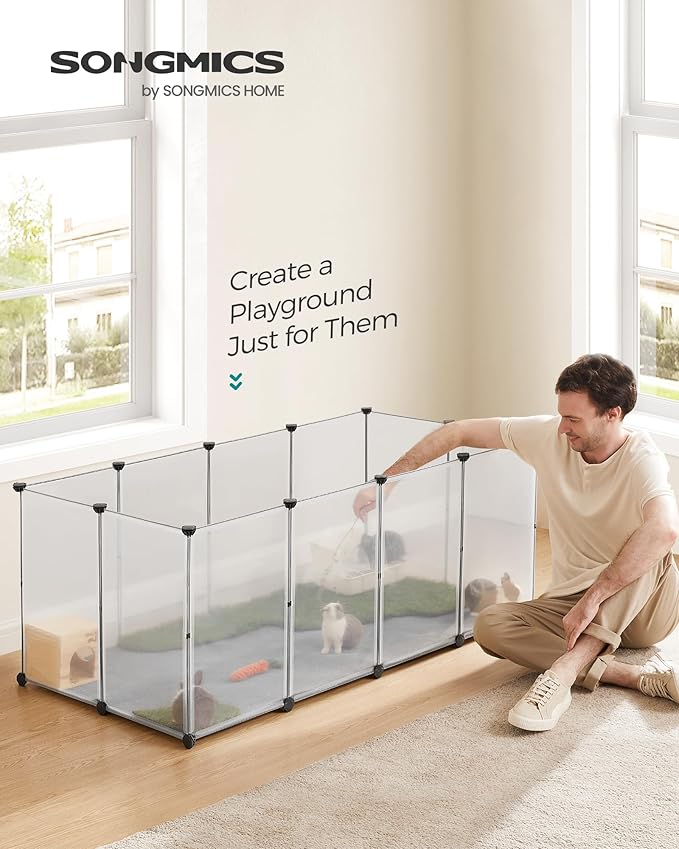 SONGMICS Pet Playpen with Floor, Small Animal Pen, Pet Fence Indoor, DIY Plastic Enclosure for Hamsters, Hedgehogs, 57.1 x 28.3 x 22.4 Inches, White ULPC007W01