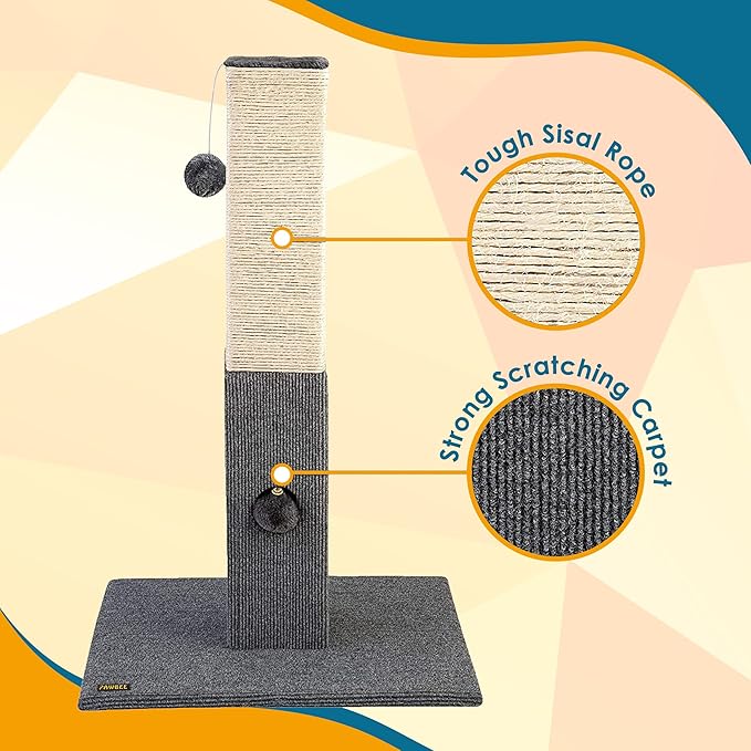 PAWBEE 32" Cat Scratching Post - Tall Cat Scratching Posts for Indoor Cats - Sisal Rope Cat Scratchers - Cat Scratch Post for Small & Large Cats - Cat Post Tower with Jingle Bell Toy - Cat Scratcher