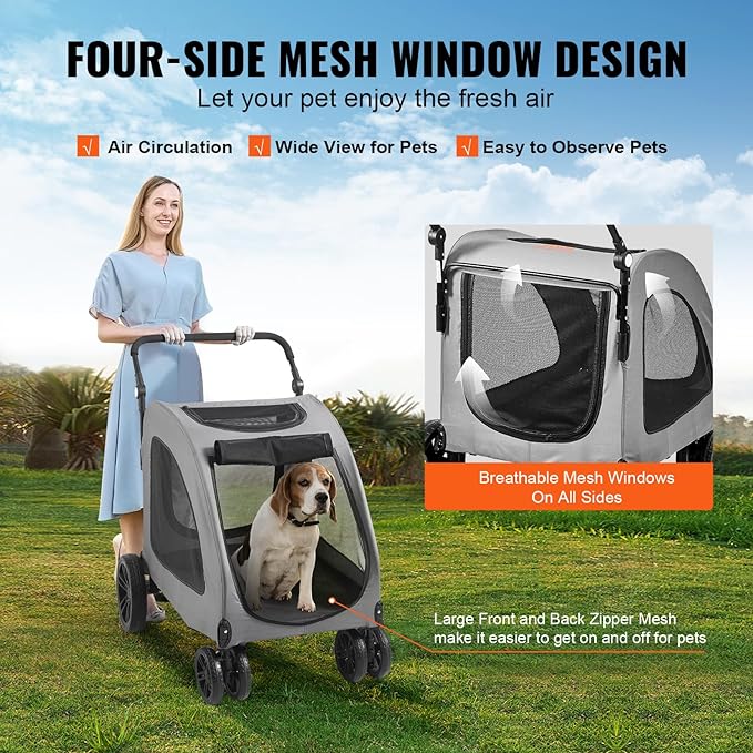 VEVOR Extra Large Dog Stroller for Dogs Up to 160lbs, 4 Wheel Handle-Adjustable Pet Stroller for Large Dogs, Dog Jogging Carriage Stroller for 2 Dogs