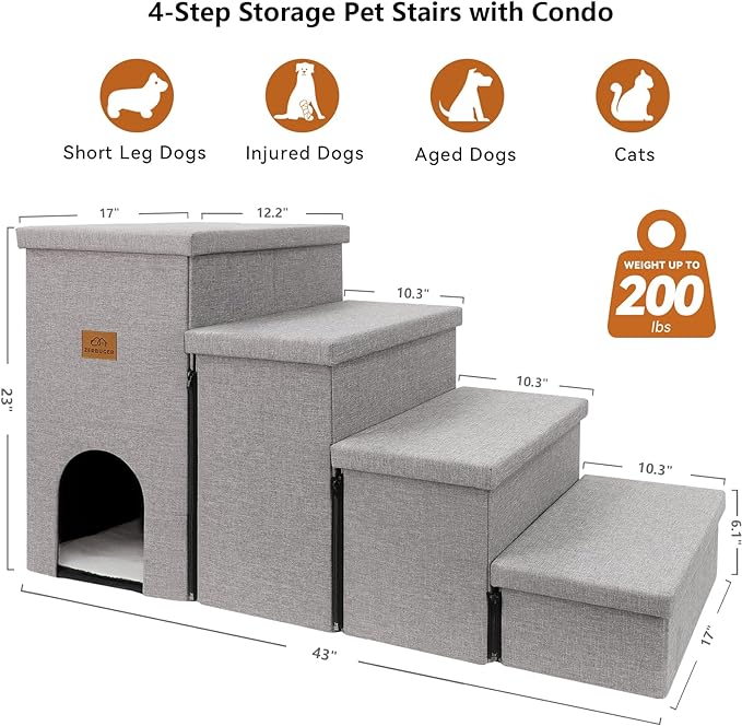 Dog Stairs, Dog Steps for High Beds 23" H, Folding Pet Stairs for Small Medium or Large Dogs Puppy with Storage for Bed and Couch, Dog Ramp for Car Hold Up to 200 lbs (Smok Grey, 4 Steps with Condo)