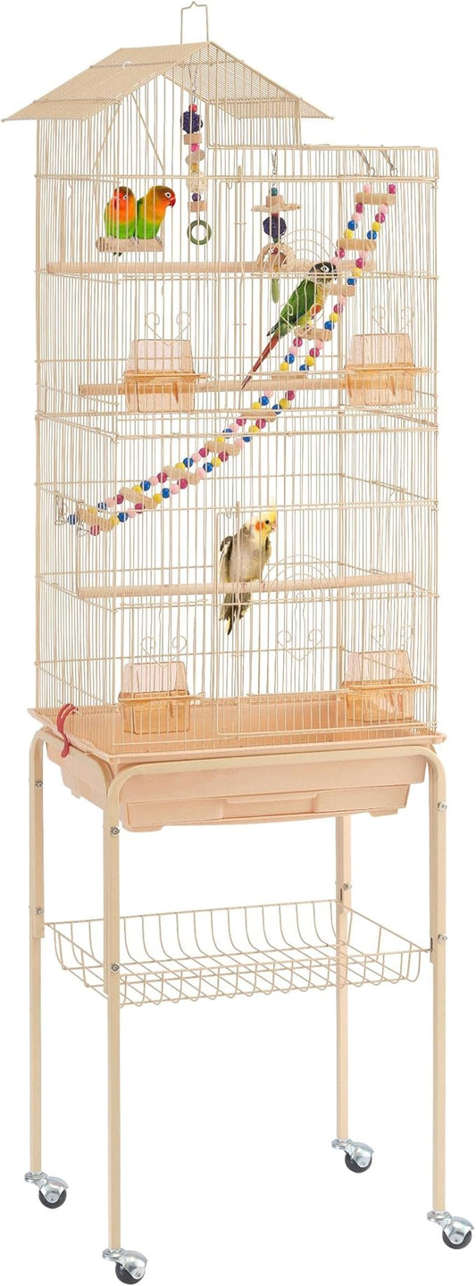 Yaheetech 62.4'' Roof Top Bird Cage Wrought Iron Rolling Parrot Cage for Medium Small Birds Budgies Cockatiels Parakeets Canary