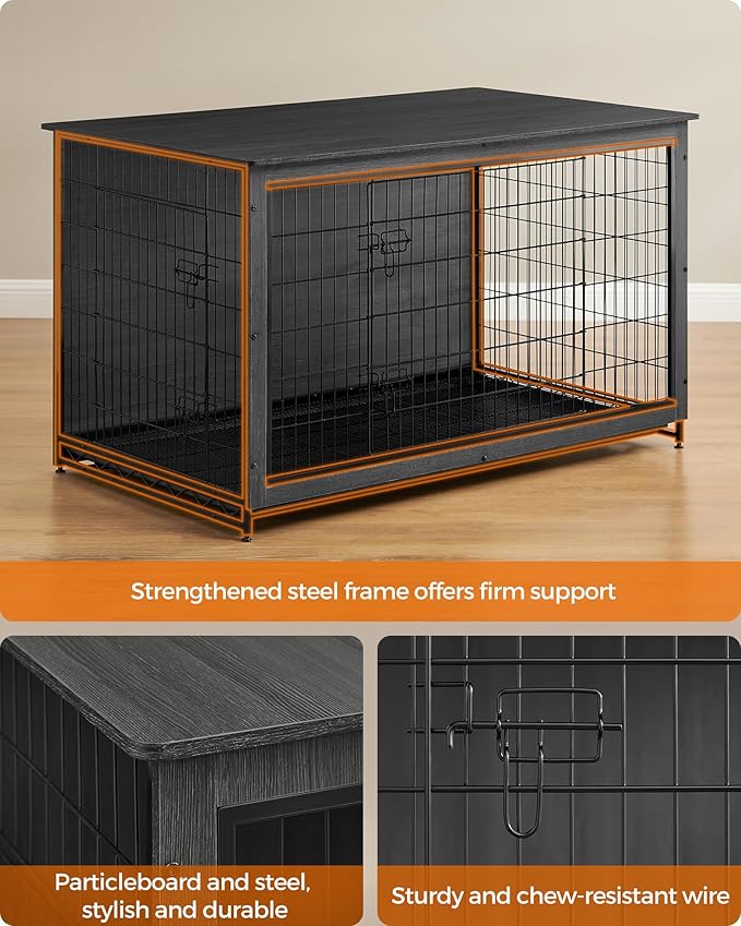 Feandrea Dog Crate Furniture, Modern Kennel for Dogs Indoor up to 105 lb, Heavy-Duty Dog Cage with Multi-Purpose Removable Tray, Double-Door Dog House, Ink Black UPFC005B01