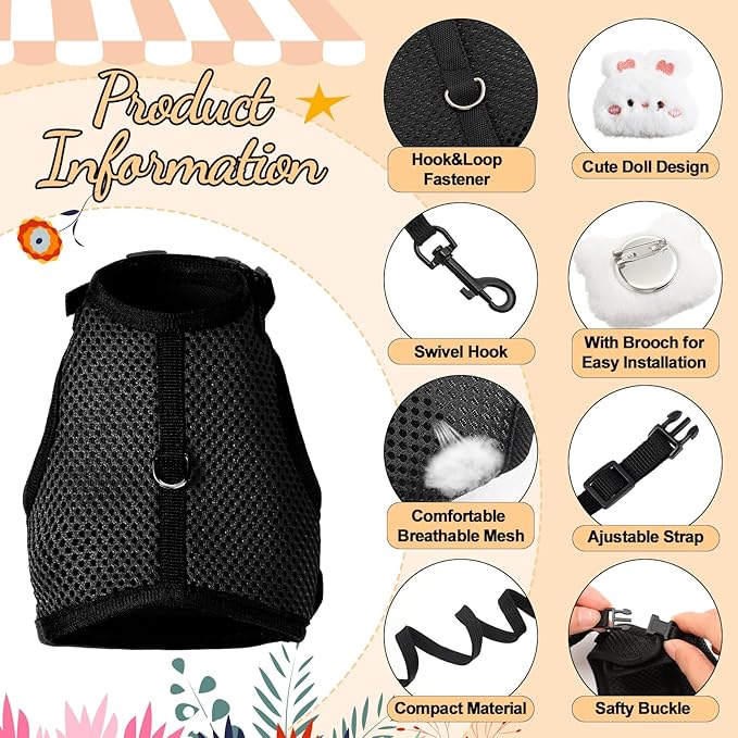 Rabbit Harness and Leash Set with 2 Cute Decorations Soft Adjustable Buckle Breathable Mesh Vest Harness for Rabbits Ferret Small Pig Puppy Walking Supplies (Black