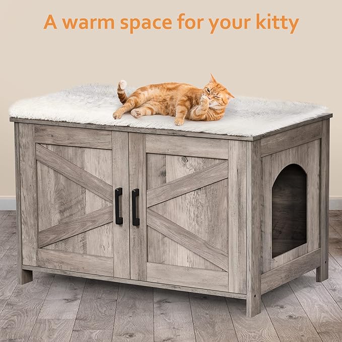 Cat Litter Box Enclosure,Litter Box Furniture Hidden with Barn Door,Wooden Cat Washroom Furniture,Cat House,Fit Most of Litter Box, Greige