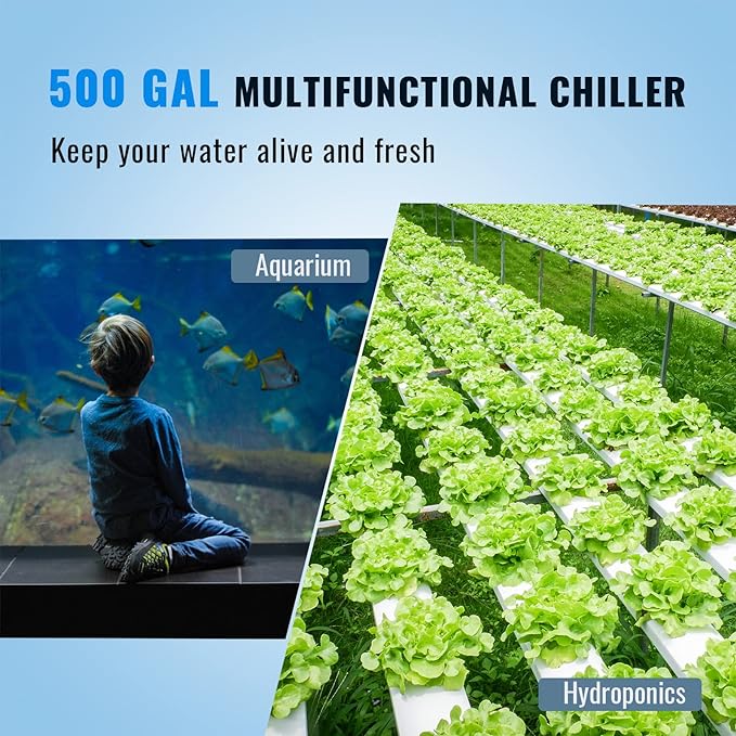 VEVOR Aquarium Chiller, 500 Gal 1892 L, 1.5 HP Hydroponic Water Chiller, Quiet Refrigeration Compressor for Seawater and Fresh Water, Fish Tank Cooling System, for Jellyfish, Coral Reef