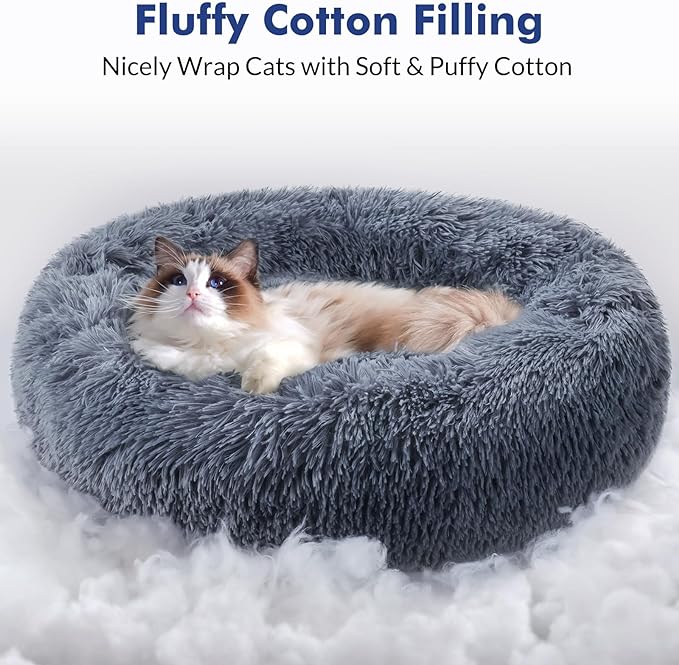 rabbitgoo Cat Beds for Indoor Cats, 20 inches Cat Bed Machine Washable, Fluffy Round Pet Bed Non-Slip, Calming Soft Plush Donut Cuddler Cushion Self Warming for Small Dogs Kittens, Dark Grey, Medium