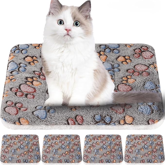 4 Pack Ultra Soft Dog Cat Bed Mat with Cute Prints Reversible Fleece Dog Crate Kennel Pad Cozy Washable Thickened Hamster Guinea Pig Bed Pet Bed Mat for Small Animals (Gray,13 x 19 Inches)