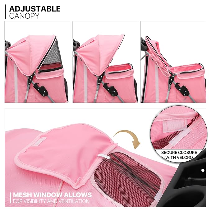 MoNiBloom 3-Wheels Foldable Pet Stroller w/Cover, Pet Strolling Cart for Small/Medium Dogs and Cats w/Cup Holder, Breathable Visible Mesh, Pink