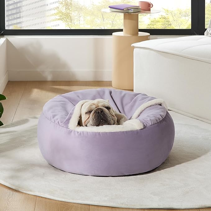 Lesure Medium Dog Bed with Cover Cave - Covered Round Dog Bed for Small and Medium Dogs, Machine Washable Burrow Pet Bed with Hooded Blanket, Cozy Cave Dog Bed with Anti-Slip Bottom, Purple 26"