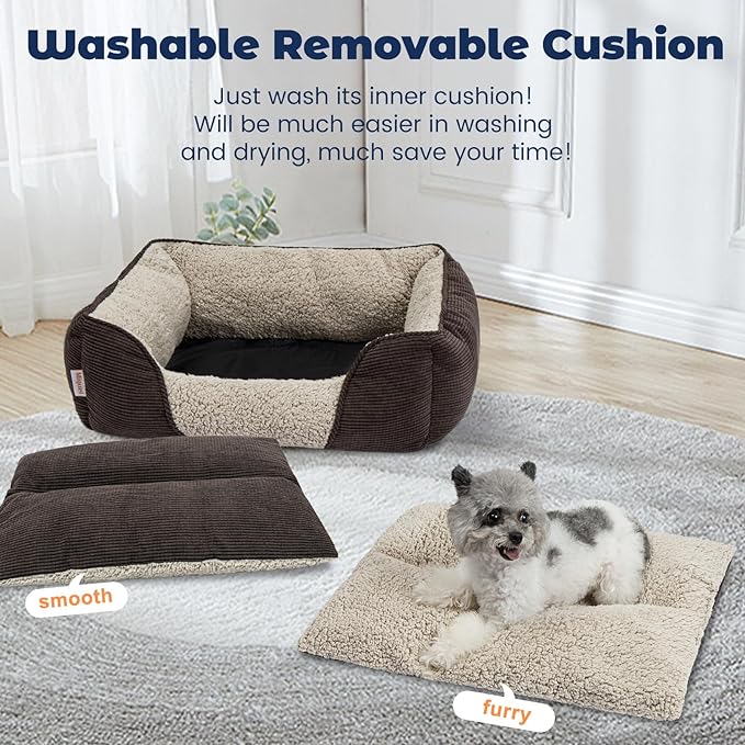 Miguel Washable Dog Bed with Removable Cushion for Medium Small Dogs, Easy to Wash Pet Sofa Bed with Side, Rectangle Bolster Cat Bed Calming Cuddle Puppy Bed with Anti-Slip Bottom, Brown 25 Inch