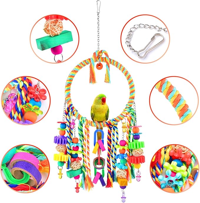 KATUMO Bird Toys 2 Pack Parrot Swings Conure Rope Rings Parakeet Perches Cockatiel Chew Toys for Lovebirds, Finches, Parakeets, Budgies, Conures, Small Birds