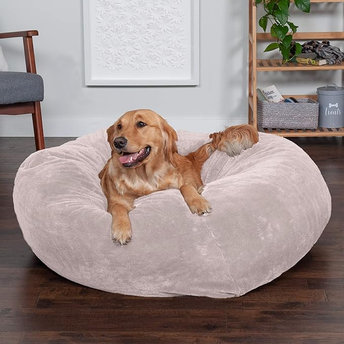 Furhaven Soft & Cozy Dog Bed for Large Dogs, Refillable w/ Removable Washable Cover & Liner, For Dogs Up to 95 lbs - Plush Faux Fur Bean Bag Style Ball Bed - Shell (Pink Tan), XL/Jumbo