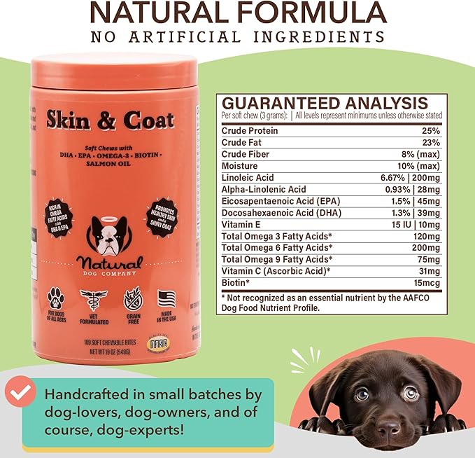 Natural Dog Company Skin & Coat Chews, Salmon & Peas Flavor, Dog Vitamins and Supplements for Healthy Skin & Coat, Itch Relief for Dogs with Allergies, with Biotin, Vitamin E, Omega 3, 180 Count