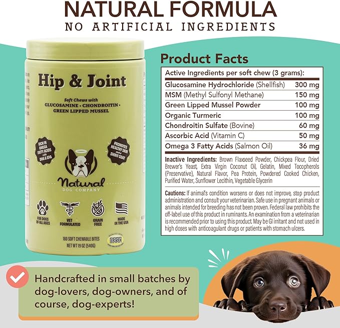 Natural Dog Company Hip & Joint Chews, Chicken Liver & Turmeric Flavor, with Glucosamine Chondroitin for Dogs, Maintains Bone and Joint Health, Supplements for Seniors and Puppies, 180 Count