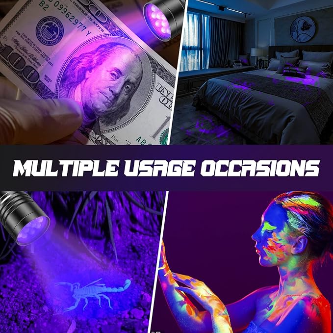 UV Flashlights, 2 Pack Black Light Flashlights with 12 LED and 395 nm Black Light for Pet Urine and House Stains Detecting, 6 AAA Batteries Included