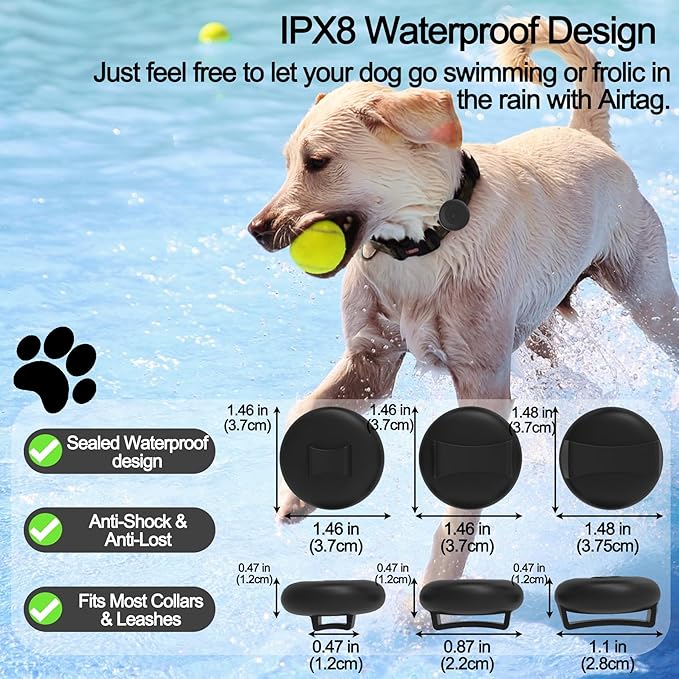 IPX8 Waterproof AirTag Dog Collar Holder, Hidden Air Tag Case for Cat Collar, Anti-Lost Silicone Cover for AirTag GPS Tracker Compatible with Pets Loop, Fits All Width Collars(Black M)