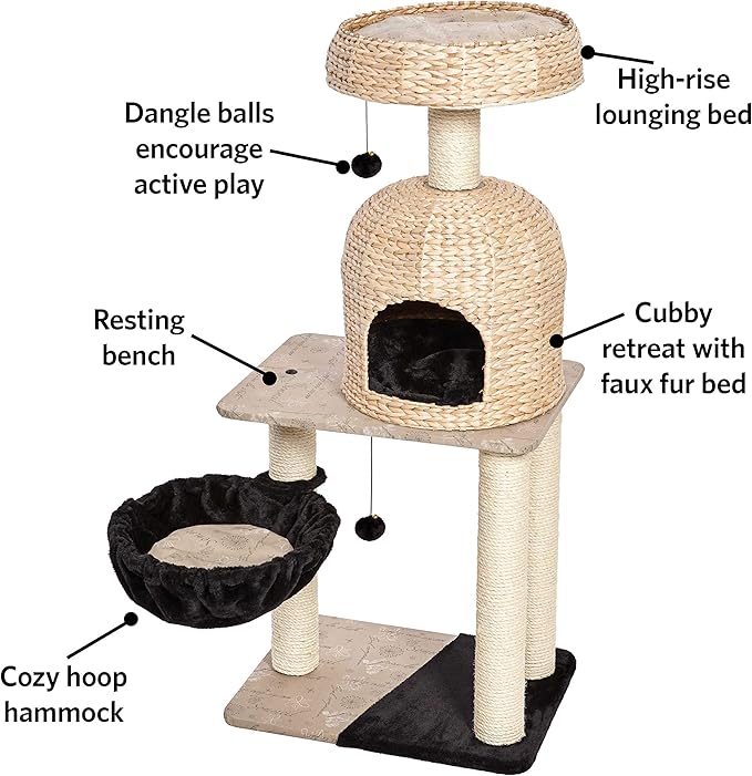 MidWest Homes for Pets Cat Tree | Reid Cat Furniture, 3-Tier Cat Activity Tree w/ Sisal Wrapped Support Scratching Posts & Dangle Play Balls, Woven Rattan & Script Medium Cat Tree