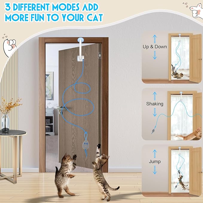 Cat Toy Interactive for Indoor Cats, Smart USB Rechargeable Door Hanging Automatic Retractable Kitten Toys, Teaser Electronic Self Play Feather Cat String Toys Attached with 3 Catnip Mice White