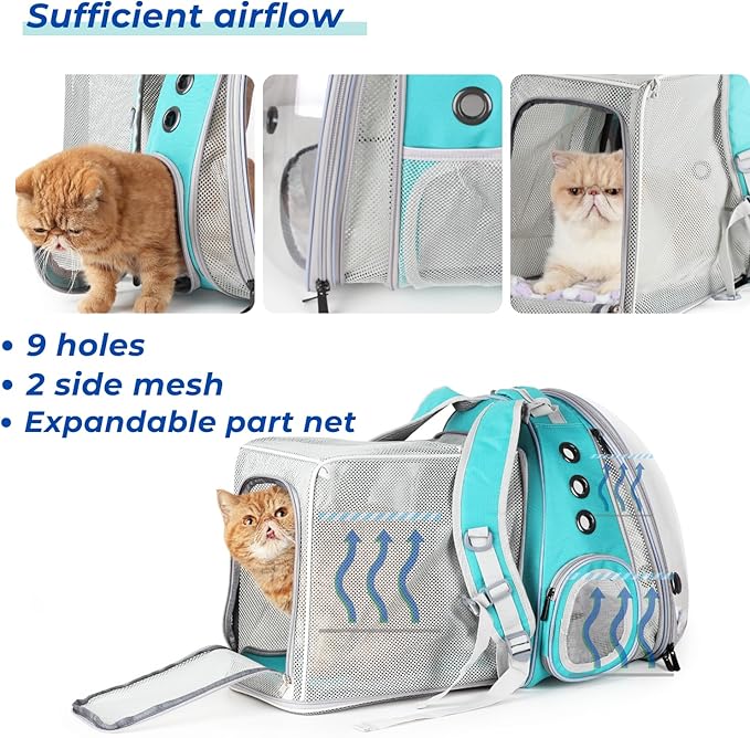 LOLLIMEOW Pet Carrier Backpack, Bubble Backpack Carrier, Cats and Puppies,Airline-Approved, Designed for Travel, Hiking, Walking & Outdoor Use (Dual Expandable-Green)