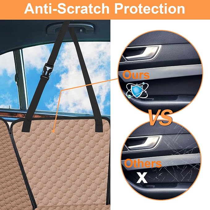 Mancro Dog Car Seat Cover for Back Seat, Waterproof Car Seat Protector for Dogs with Side Flaps, Scratchproof Dog Backseat Cover, Nonslip Dog Hammock for Sedans, SUVs, Standard, Khaki