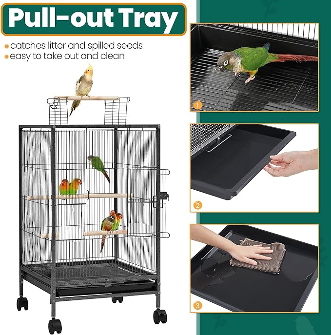 Yaheetech 35 inch Wrought Iron Bird Cage w/Play Open Top and Rolling Stand for Small Birds Like Parrots Conure Lovebird Cockatiel Lovebirds Budgies