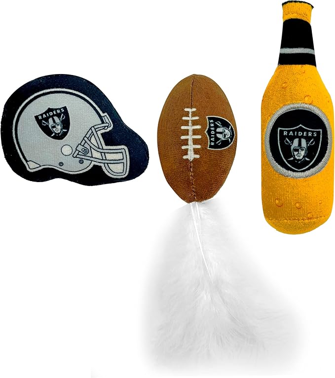 BEST PLUSH CAT TOY - NFL LAS VEGAS RAIDERS Complete Set of 3 piece Cat Toys filled with Fresh Catnip. Includes: 1 Helmet Cat Toy, 1 Football Cat Toy with Feathers & 1 Beer Bottle. Beautiful Team LOGOS