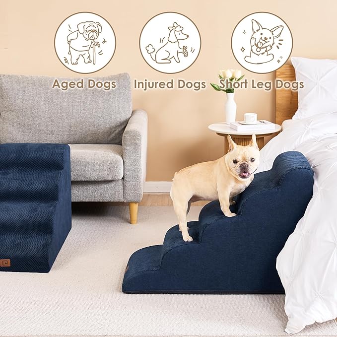 EHEYCIGA Curved Dog Stairs for High Beds 22.6" H, 5-Step Dog Steps for Small Dogs and Cats, Pet Stairs for High Bed Climbing, Non-Slip Balanced Pet Step Indoor, Navy
