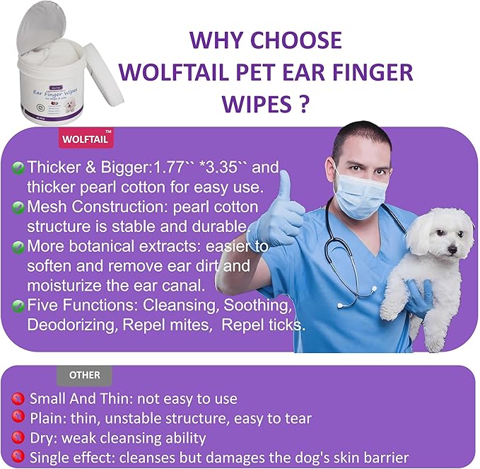 Dog Ear Wipes for Dogs & Cats, Pet Ear Cleaner Wipes - Gently Remove Ear Wax, Debris - Sooths & Deodorizes - Relieve Ear Itching & Inflammation, Fresh Coconut Scent, All Natural - 60 Count