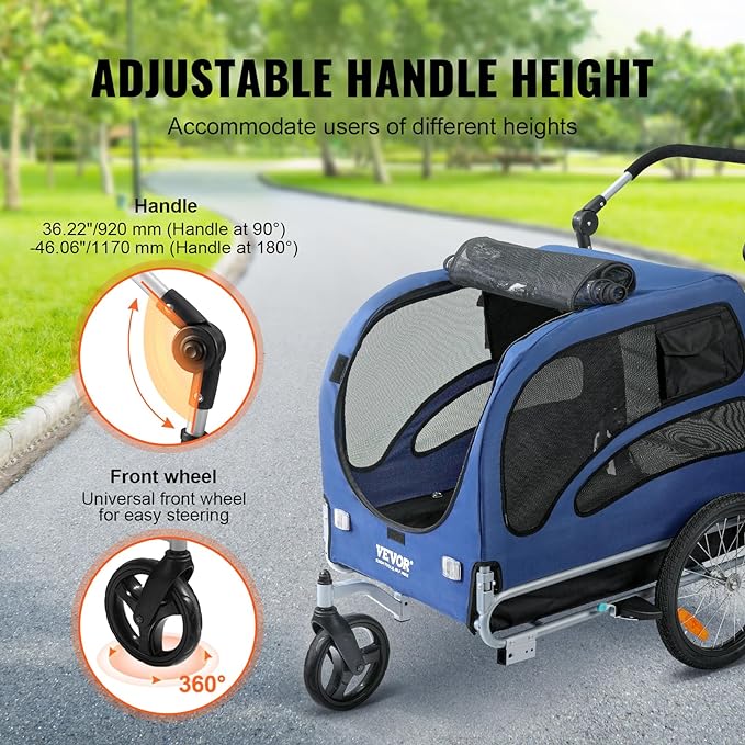 VEVOR Dog Bike Trailer, Supports up to 66/88/100 lbs, 2-in-1 Pet Stroller Cart Bicycle Carrier, Easy Folding Cart Frame with Quick Release Wheels, Universal Bicycle Coupler, Reflectors, Flag