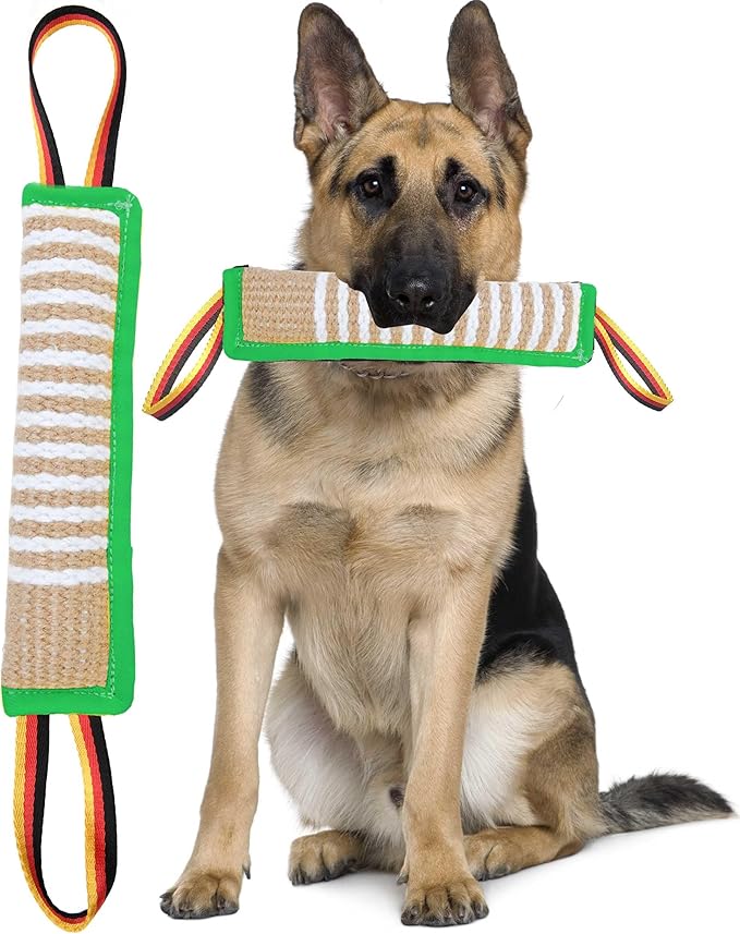 Dog Tug Toy Dog Tough Jute Bite Pillow - Lasting Training Equipment - Two Flag Handles Puppy to Large Dogs Interactive Toy war toys for aggressive chewers.