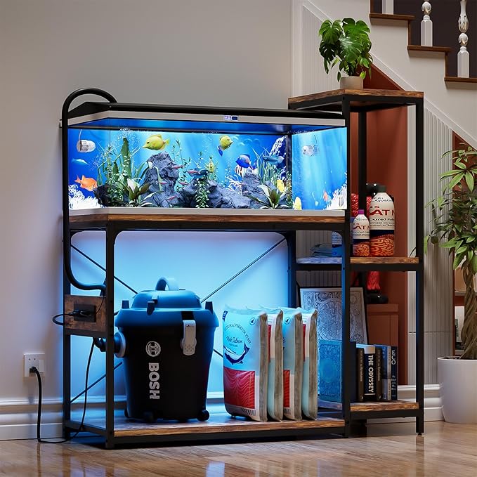 20-29 Gallon Fish Tank Stand with Power Outlet & LED Light, Reversible Wood Aquarium Stand with Shelves for Fish Tank Accessories Storage, Metal Frame, Turtle/Reptile Tank Stand, Rustic Brown