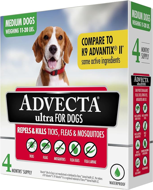 Ultra Flea And Tick Prevention For Dogs - Dog and Puppy Treatment and Control - Mosquito Repellent - Medium, Fast Acting Waterproof Topical Drops, 4 Month Supply