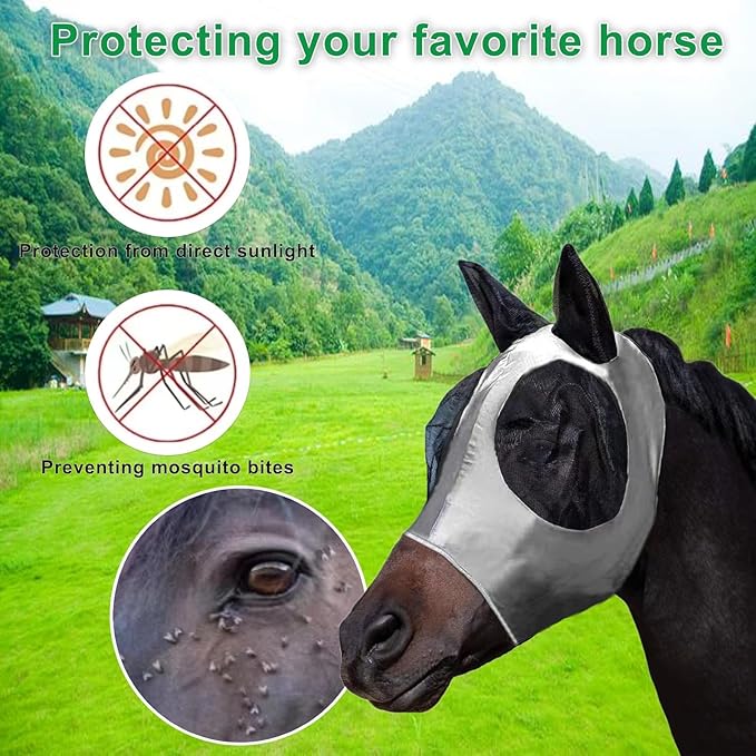 3 Pcs Horse Fly Mask-Fly Masks for Horses with Ears, Breathable Elastic Fabric for Sun Protection for Large/Medium Size Adult Horses (Blue-Black-Gray, Large)