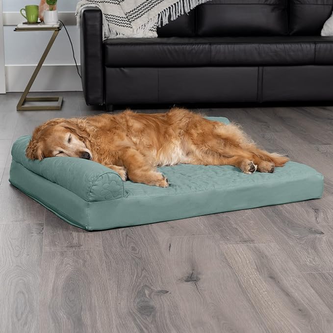 Furhaven Cooling Gel Dog Bed for Large Dogs w/ Removable Bolsters & Washable Cover, For Dogs Up to 95 lbs - Pinsonic Quilted Paw L Shaped Chaise - Iceberg Green, Jumbo/XL