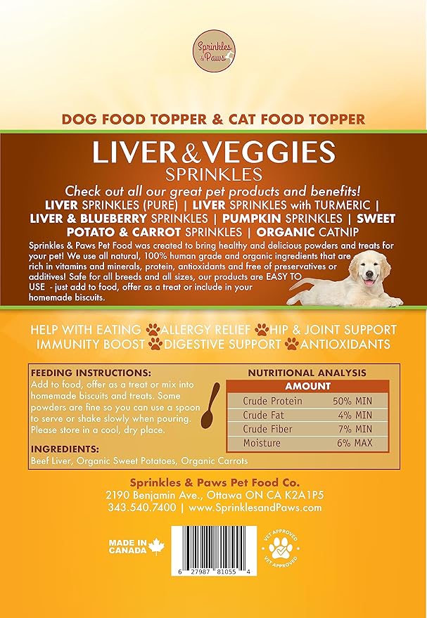 Sprinkles & Paws Liver and Veggies Dog Food Topper | Healthy Powder Form | Helps with Eating, Add to Food or Kibble or as Treat | Meal Mixer with Beef Flavour, Rich in Vitamins and nutrients